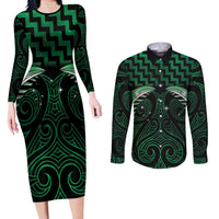Green Matariki New Zealand Couples Matching Long Sleeve Bodycon Dress and Long Sleeve Button Shirt Maori Poutama Galaxy Vibes LT14 Green - Polynesian Pride