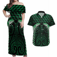Green Matariki New Zealand Couples Matching Off Shoulder Maxi Dress and Hawaiian Shirt Maori Poutama Galaxy Vibes LT14 Green - Polynesian Pride