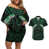 Green Matariki New Zealand Couples Matching Off Shoulder Short Dress and Hawaiian Shirt Maori Poutama Galaxy Vibes LT14 Green - Polynesian Pride