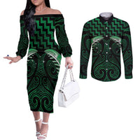 Green Matariki New Zealand Couples Matching Off The Shoulder Long Sleeve Dress and Long Sleeve Button Shirt Maori Poutama Galaxy Vibes LT14 Green - Polynesian Pride