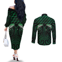 Green Matariki New Zealand Couples Matching Off The Shoulder Long Sleeve Dress and Long Sleeve Button Shirt Maori Poutama Galaxy Vibes LT14 - Polynesian Pride