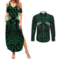 Green Matariki New Zealand Couples Matching Summer Maxi Dress and Long Sleeve Button Shirt Maori Poutama Galaxy Vibes LT14 Green - Polynesian Pride
