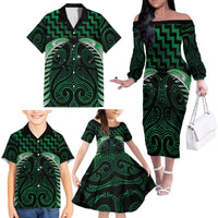 Green Matariki New Zealand Family Matching Off The Shoulder Long Sleeve Dress and Hawaiian Shirt Maori Poutama Galaxy Vibes LT14 - Polynesian Pride