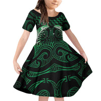 Green Matariki New Zealand Family Matching Off Shoulder Short Dress and Hawaiian Shirt Maori Poutama Galaxy Vibes LT14 Daughter's Dress Green - Polynesian Pride