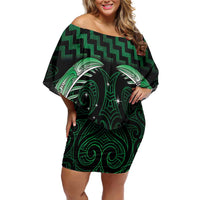 Green Matariki New Zealand Family Matching Off Shoulder Short Dress and Hawaiian Shirt Maori Poutama Galaxy Vibes LT14 Mom's Dress Green - Polynesian Pride