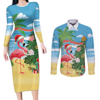 Flamingo Hawaii Summer Christmas Personalized Couples Matching Long Sleeve Bodycon Dress and Long Sleeve Button Shirt Mele Kalikimaka Beachy Vibes