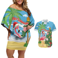 Flamingo Hawaii Summer Christmas Personalized Couples Matching Off Shoulder Short Dress and Hawaiian Shirt Mele Kalikimaka Beachy Vibes