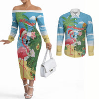 Flamingo Hawaii Summer Christmas Personalized Couples Matching Off The Shoulder Long Sleeve Dress and Long Sleeve Button Shirt Mele Kalikimaka Beachy Vibes LT14 Blue - Polynesian Pride