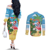 Flamingo Hawaii Summer Christmas Personalized Couples Matching Off The Shoulder Long Sleeve Dress and Long Sleeve Button Shirt Mele Kalikimaka Beachy Vibes LT14 - Polynesian Pride