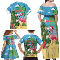 Flamingo Hawaii Summer Christmas Personalized Family Matching Off Shoulder Maxi Dress and Hawaiian Shirt Mele Kalikimaka Beachy Vibes LT14 Mom's Dress Blue - Polynesian Pride