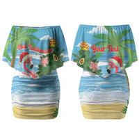 Flamingo Hawaii Summer Christmas Personalized Family Matching Off Shoulder Short Dress and Hawaiian Shirt Mele Kalikimaka Beachy Vibes LT14 Mom's Dress Blue - Polynesian Pride