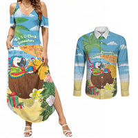 Chilling Parrot Hawaii Summer Christmas Personalized Couples Matching Summer Maxi Dress and Long Sleeve Button Shirt It's 5 O'Clock Somewhere Beachy Vibes LT14 Blue - Polynesian Pride