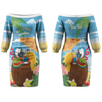 Chilling Parrot Hawaii Summer Christmas Personalized Family Matching Off The Shoulder Long Sleeve Dress and Hawaiian Shirt It's 5 O'Clock Somewhere Beachy Vibes LT14 Mom's Dress Blue - Polynesian Pride