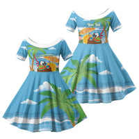 Chilling Parrot Hawaii Summer Christmas Personalized Family Matching Off Shoulder Short Dress and Hawaiian Shirt It's 5 O'Clock Somewhere Beachy Vibes LT14 Daughter's Dress Blue - Polynesian Pride