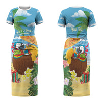 Chilling Parrot Hawaii Summer Christmas Personalized Family Matching Short Sleeve Bodycon Dress and Hawaiian Shirt It's 5 O'Clock Somewhere Beachy Vibes LT14 Mom's Dress Blue - Polynesian Pride