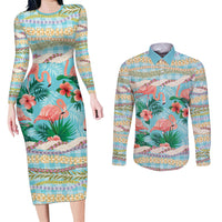Flamingo Hawaii Summer Couples Matching Long Sleeve Bodycon Dress and Long Sleeve Button Shirt Hawaiian Lei Pakala Motifs Tropical Style LT14 Cyan - Polynesian Pride