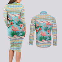 Flamingo Hawaii Summer Couples Matching Long Sleeve Bodycon Dress and Long Sleeve Button Shirt Hawaiian Lei Pakala Motifs Tropical Style LT14 - Polynesian Pride