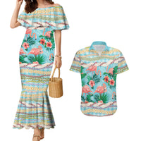 Flamingo Hawaii Summer Couples Matching Mermaid Dress and Hawaiian Shirt Hawaiian Lei Pakala Motifs Tropical Style LT14 Cyan - Polynesian Pride