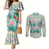 Flamingo Hawaii Summer Couples Matching Mermaid Dress and Long Sleeve Button Shirt Hawaiian Lei Pakala Motifs Tropical Style LT14 Cyan - Polynesian Pride