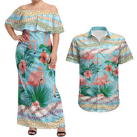 Flamingo Hawaii Summer Couples Matching Off Shoulder Maxi Dress and Hawaiian Shirt Hawaiian Lei Pakala Motifs Tropical Style LT14 Cyan - Polynesian Pride