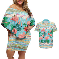 Flamingo Hawaii Summer Couples Matching Off Shoulder Short Dress and Hawaiian Shirt Hawaiian Lei Pakala Motifs Tropical Style
