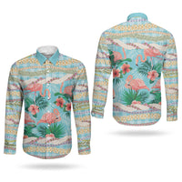 Flamingo Hawaii Summer Couples Matching Off Shoulder Short Dress and Long Sleeve Button Shirt Hawaiian Lei Pakala Motifs Tropical Style LT14 - Polynesian Pride
