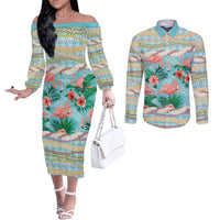 Flamingo Hawaii Summer Couples Matching Off The Shoulder Long Sleeve Dress and Long Sleeve Button Shirt Hawaiian Lei Pakala Motifs Tropical Style LT14 Cyan - Polynesian Pride
