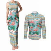 Flamingo Hawaii Summer Couples Matching Tank Maxi Dress and Long Sleeve Button Shirt Hawaiian Lei Pakala Motifs Tropical Style LT14 Cyan - Polynesian Pride