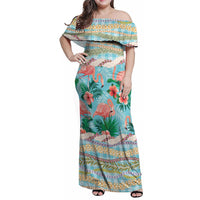 Flamingo Hawaii Summer Family Matching Off Shoulder Maxi Dress and Hawaiian Shirt Hawaiian Lei Pakala Motifs Tropical Style LT14 Mom's Dress Cyan - Polynesian Pride
