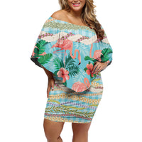 Flamingo Hawaii Summer Off Shoulder Short Dress Hawaiian Lei Pakala Motifs Tropical Style LT14 Women Cyan - Polynesian Pride
