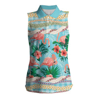 Flamingo Hawaii Summer Women Sleeveless Polo Shirt Hawaiian Lei Pakala Motifs Tropical Style