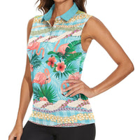 Flamingo Hawaii Summer Women Sleeveless Polo Shirt Hawaiian Lei Pakala Motifs Tropical Style