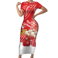 New Zealand Christmas In July Personalised Family Matching Short Sleeve Bodycon Dress and Hawaiian Shirt Funny Santa Sheep Meri Kirihimete Red LT14 Mom's Dress Red - Polynesian Pride