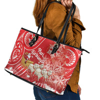 New Zealand Christmas In July Leather Tote Bag Funny Santa Sheep Meri Kirihimete Red LT14 - Polynesian Pride