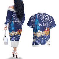 New Zealand Christmas In July Personalised Couples Matching Off The Shoulder Long Sleeve Dress and Hawaiian Shirt Funny Santa Sheep Meri Kirihimete Blue LT14 - Polynesian Pride