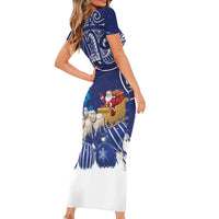 New Zealand Christmas In July Personalised Short Sleeve Bodycon Dress Funny Santa Sheep Meri Kirihimete Blue LT14 - Polynesian Pride