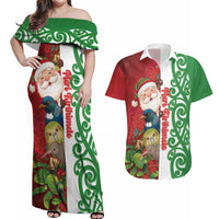Meri Kirihimete New Zealand Personalised Couples Matching Off Shoulder Maxi Dress and Hawaiian Shirt Cute Santa NZ Animals and Pohutukawa LT14 Red - Polynesian Pride