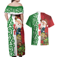 Meri Kirihimete New Zealand Personalised Couples Matching Off Shoulder Maxi Dress and Hawaiian Shirt Cute Santa NZ Animals and Pohutukawa LT14 - Polynesian Pride