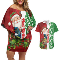 Meri Kirihimete New Zealand Personalised Couples Matching Off Shoulder Short Dress and Hawaiian Shirt Cute Santa NZ Animals and Pohutukawa LT14 Red - Polynesian Pride