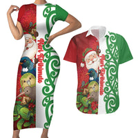 Meri Kirihimete New Zealand Personalised Couples Matching Short Sleeve Bodycon Dress and Hawaiian Shirt Cute Santa NZ Animals and Pohutukawa LT14 Red - Polynesian Pride