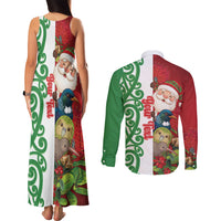 Meri Kirihimete New Zealand Personalised Couples Matching Tank Maxi Dress and Long Sleeve Button Shirt Cute Santa NZ Animals and Pohutukawa LT14 - Polynesian Pride