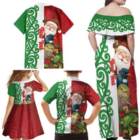 Meri Kirihimete New Zealand Personalised Family Matching Off Shoulder Maxi Dress and Hawaiian Shirt Cute Santa NZ Animals and Pohutukawa LT14 - Polynesian Pride