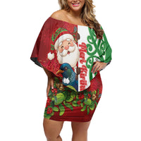 Meri Kirihimete New Zealand Personalised Family Matching Off Shoulder Short Dress and Hawaiian Shirt Cute Santa NZ Animals and Pohutukawa LT14 Mom's Dress Red - Polynesian Pride