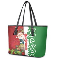 Meri Kirihimete New Zealand Leather Tote Bag Cute Santa NZ Animals and Pohutukawa
