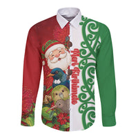 Meri Kirihimete New Zealand Personalised Long Sleeve Button Shirt Cute Santa NZ Animals and Pohutukawa LT14 Unisex Red - Polynesian Pride