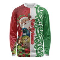 Meri Kirihimete New Zealand Personalised Long Sleeve Shirt Cute Santa NZ Animals and Pohutukawa LT14 Unisex Red - Polynesian Pride
