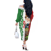 Meri Kirihimete New Zealand Personalised Off The Shoulder Long Sleeve Dress Cute Santa NZ Animals and Pohutukawa LT14 - Polynesian Pride