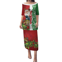 Meri Kirihimete New Zealand Personalised Puletasi Cute Santa NZ Animals and Pohutukawa LT14 Long Dress Red - Polynesian Pride