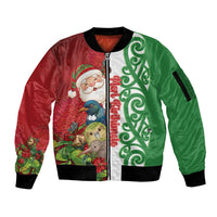 Meri Kirihimete New Zealand Personalised Sleeve Zip Bomber Jacket Cute Santa NZ Animals and Pohutukawa