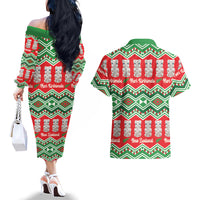 New Zealand Christmas In July Couples Matching Off The Shoulder Long Sleeve Dress and Hawaiian Shirt Meri Kirihimete Hei Tiki Taniko Motifs Seamless LT14 - Polynesian Pride
